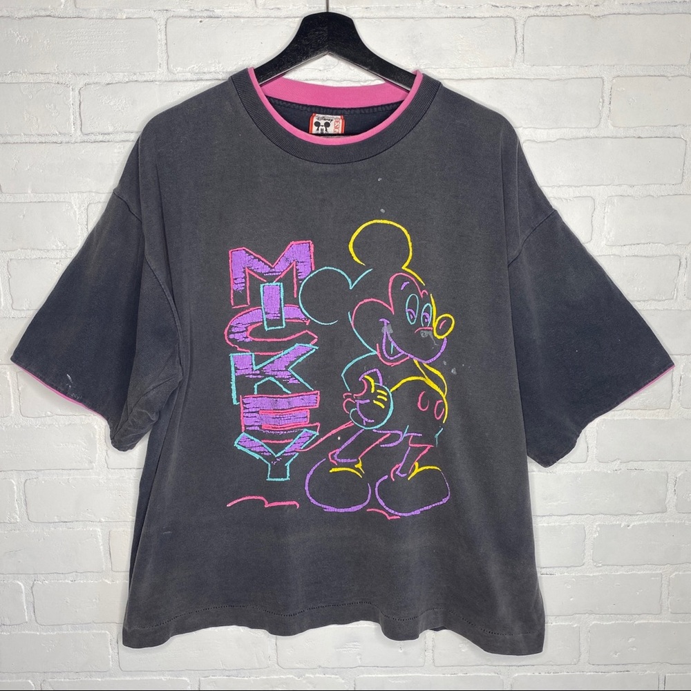 Vintage Disney Designs Neon Color Mickey Mouse Graphic Tee Shirt Faded Boxy OSFA